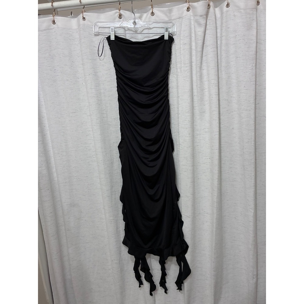 Black Strapless Ruched Ruffle Hem Tube Dress XS Whimsigoth Witchy Fairy Vampire